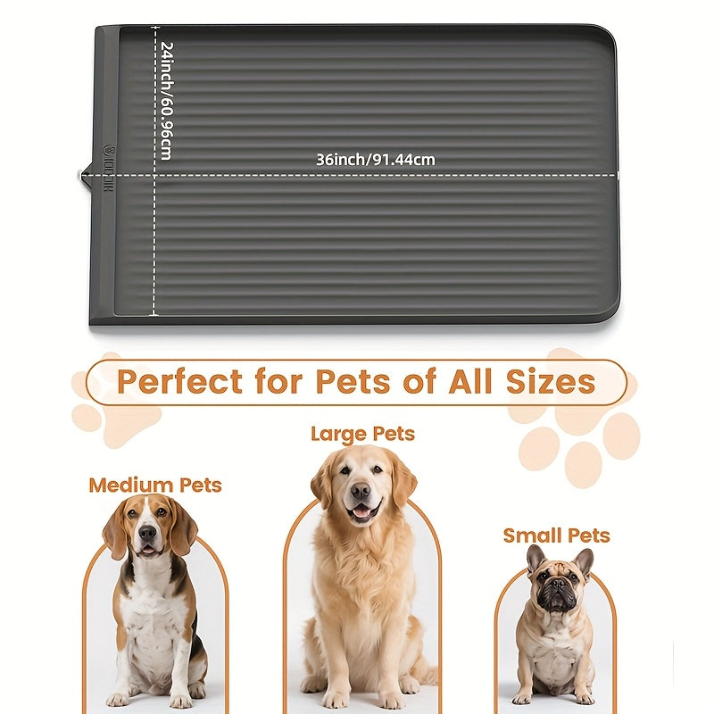 Large Dog Feeding Mat 36 x 24 Inches, Grey Waterproof Pet Bowl Placemat with Raised Edges, Grooved Surface and Roll-Up Design for Food and Water