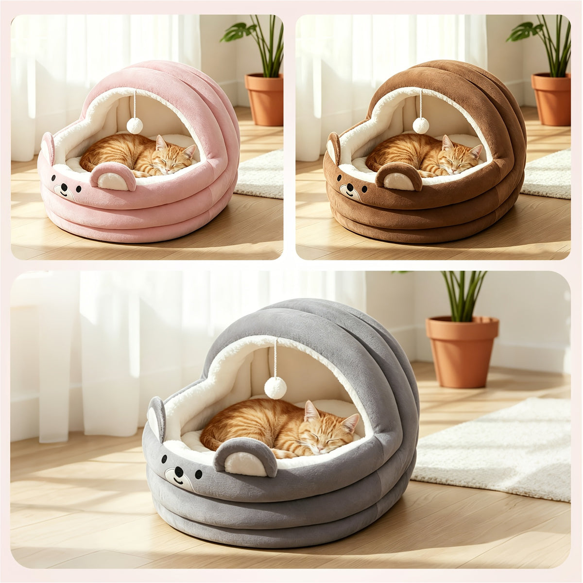 Circular Cat Sleeping Bed with Toy Balls, Soft All-Season Pet Resting Nest for Cats and Small Dogs, Grey Pink or Brown with Three Listed Size Options