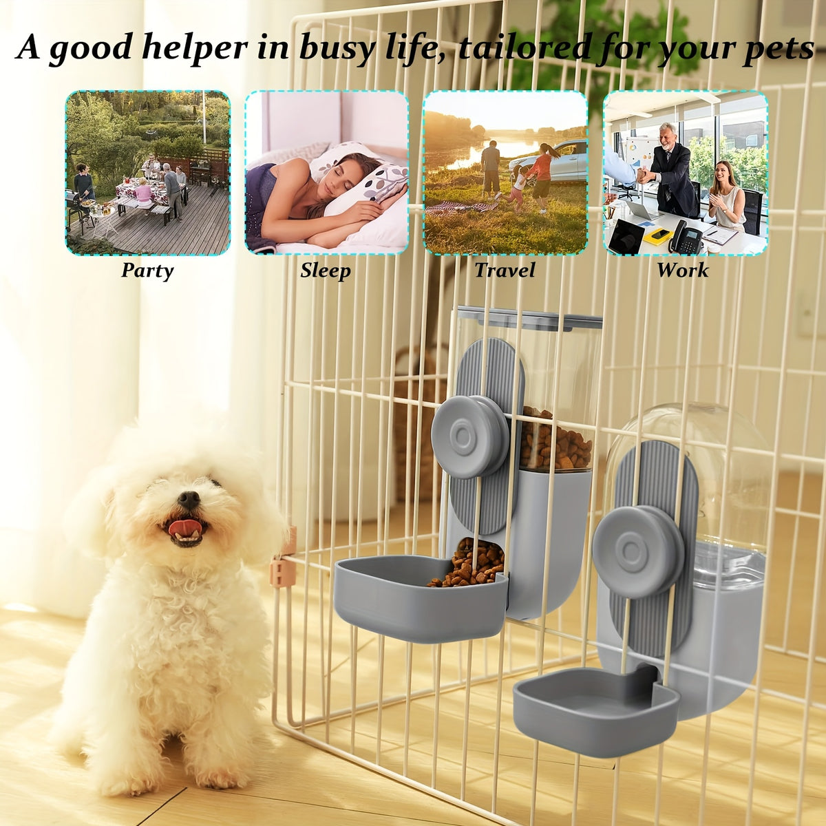 Cage Mounted Pet Feeder and Water Dispenser, Hanging Gravity Food and Water Bowls for Cats, Small Dogs and Rabbits, Multiple Set Options