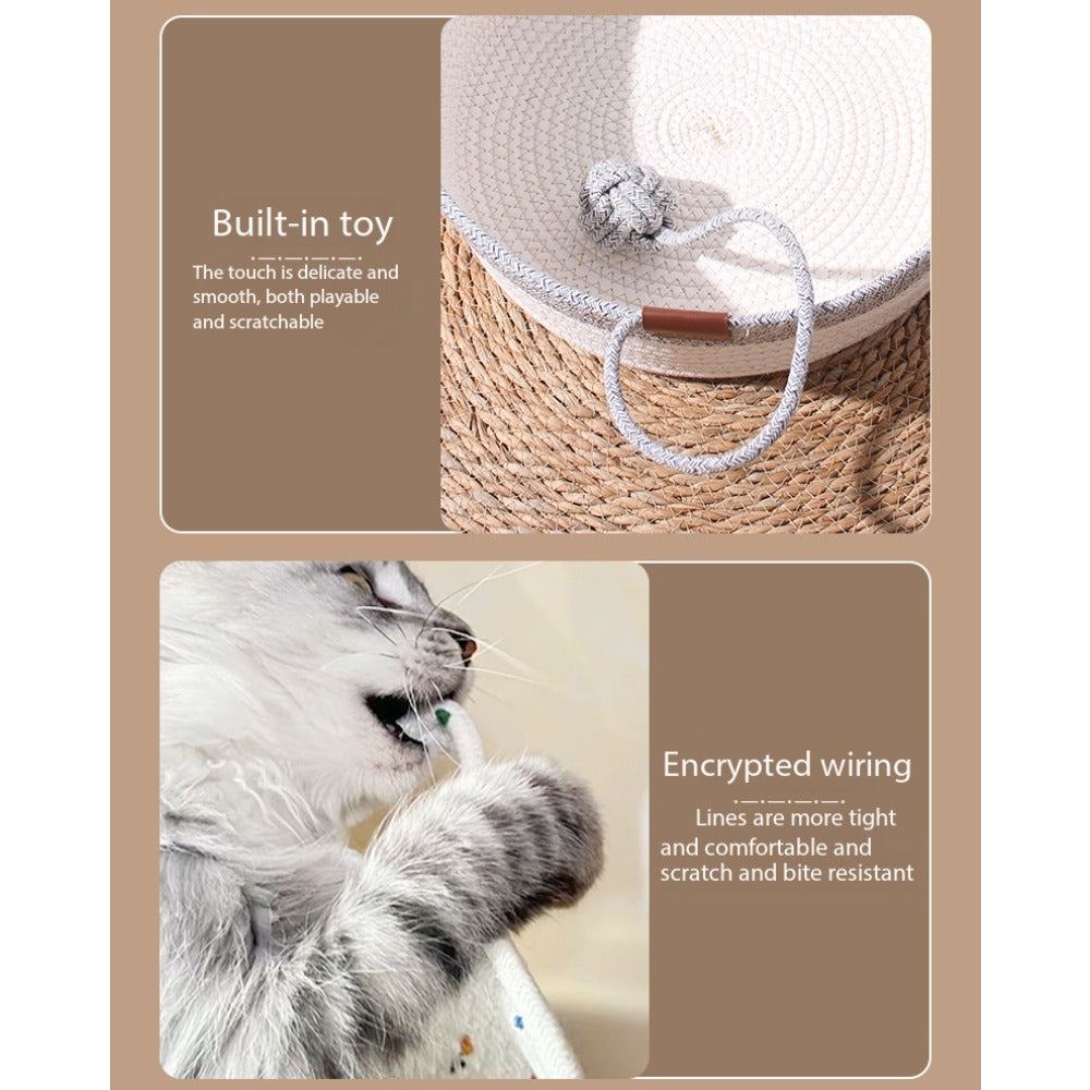 Woven Cat Bed and Scratcher Basket with Cat Ear Rim and Rope Ball Toy, Medium Indoor Lounger for Resting, Scratching and Play