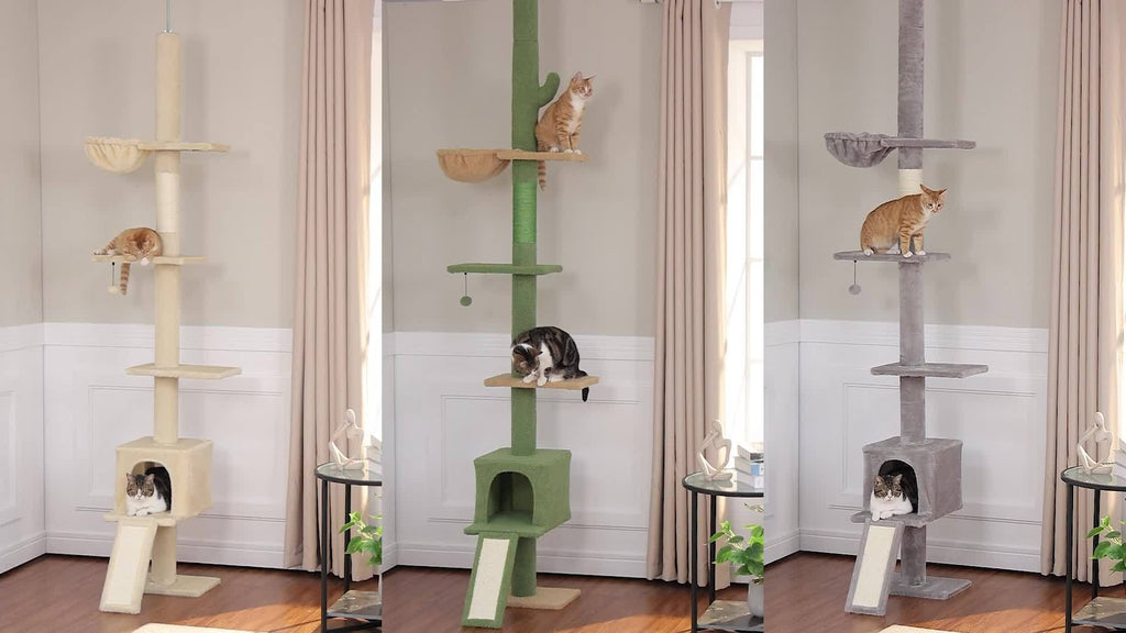 5-Tier Floor to Ceiling Cat Tree, 83–108 Inch Adjustable Indoor Cat Tower with Condo, Hammock, Scratching Post and Ladder in Seven Color Options
