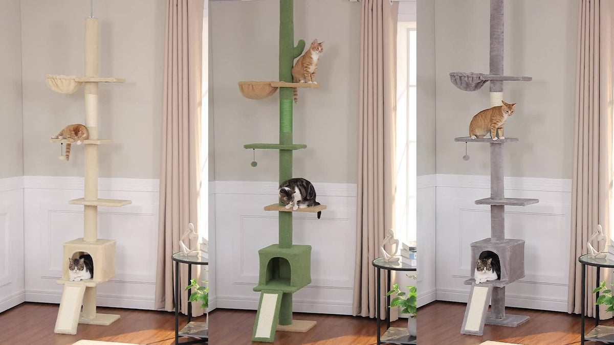 5-Tier Floor to Ceiling Cat Tree, 83–108 Inch Adjustable Indoor Cat Tower with Condo, Hammock, Scratching Post and Ladder in Seven Color Options
