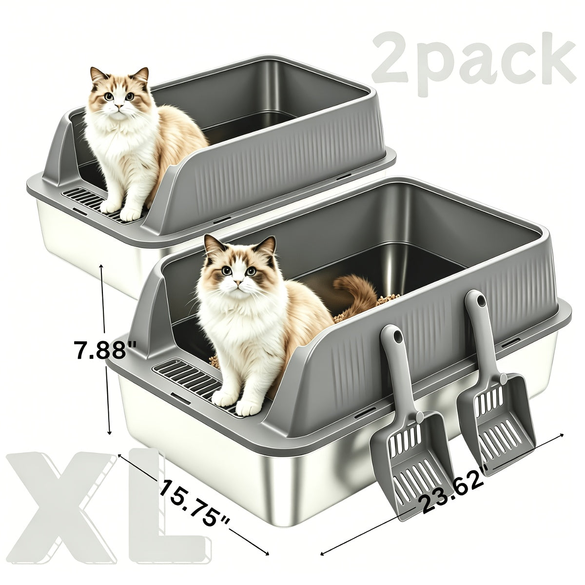 Stainless Steel Litter Box 2 Pack with High-Sided Open-Top Covers and Scoops, Easy-Clean Metal Cat Litter Pans in L or XL for Indoor Cat Care