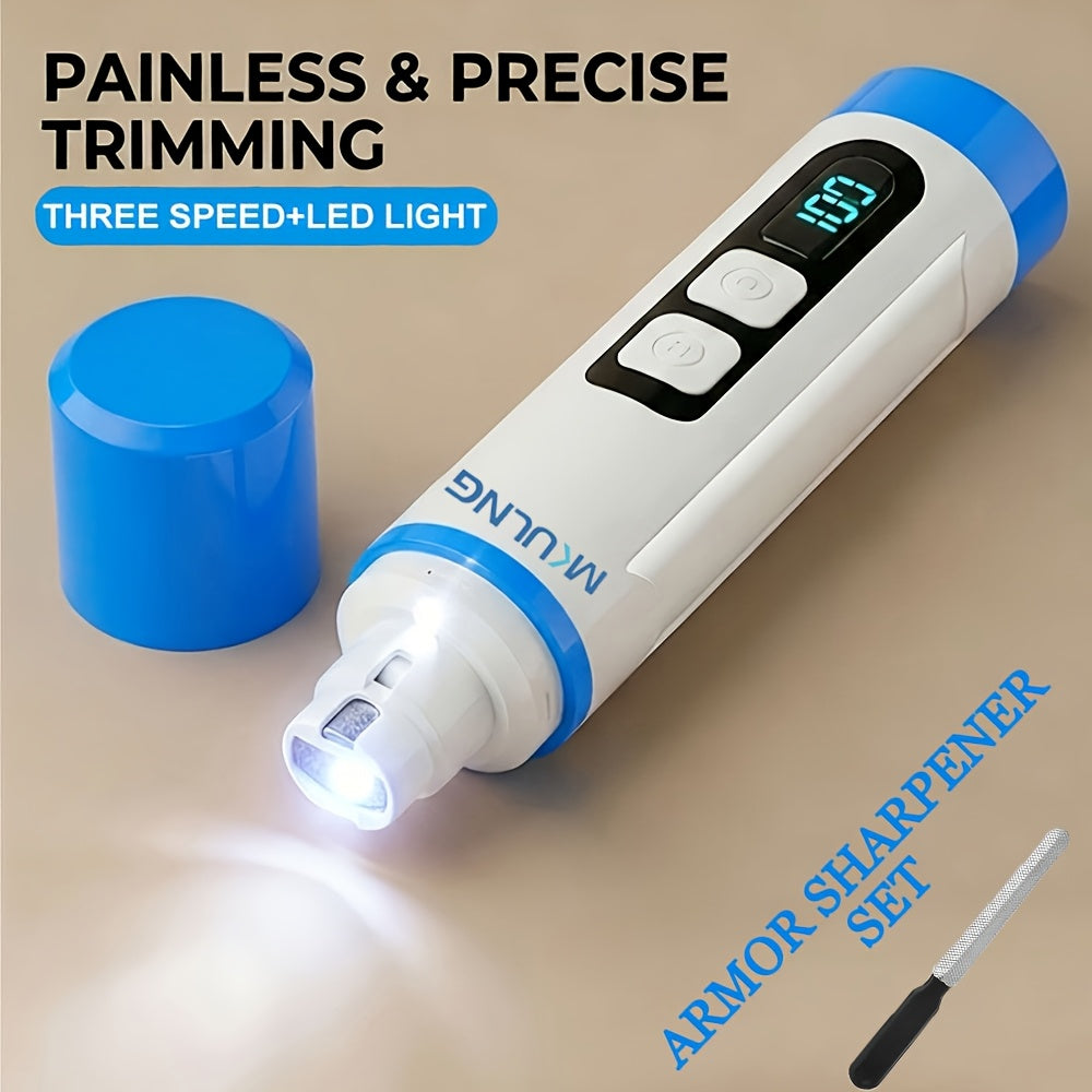 3-Speed Rechargeable Dog Nail Grinder with LED Light, Quiet Electric Pet Nail File for At-Home Paw Grooming with Model-Specific Grinding Head Options
