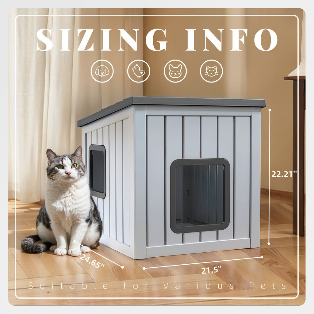 Roofed Outdoor Cat Shelter in Grey, Cozy Pet Resting House for Covered Porches and Secure Balconies, Dedicated Cat Hideaway for Everyday Rest