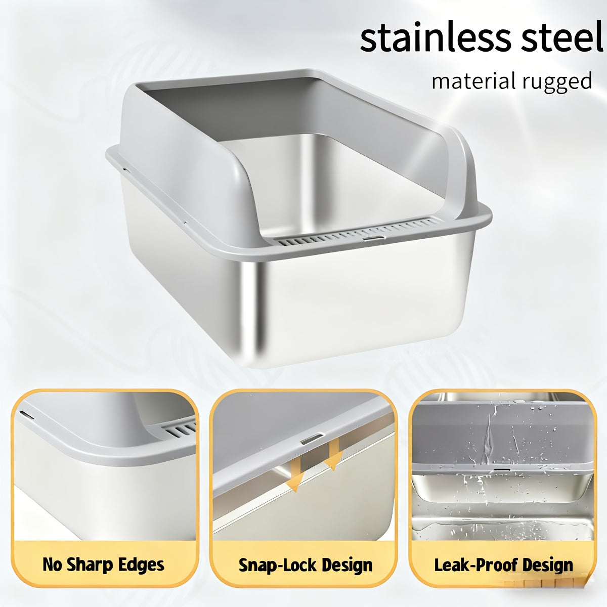 High-Sided Stainless Steel Cat Litter Box with Snap-Lock Design, Easy-Clean Metal Litter Tray for Indoor Cats, Black and Gray Options