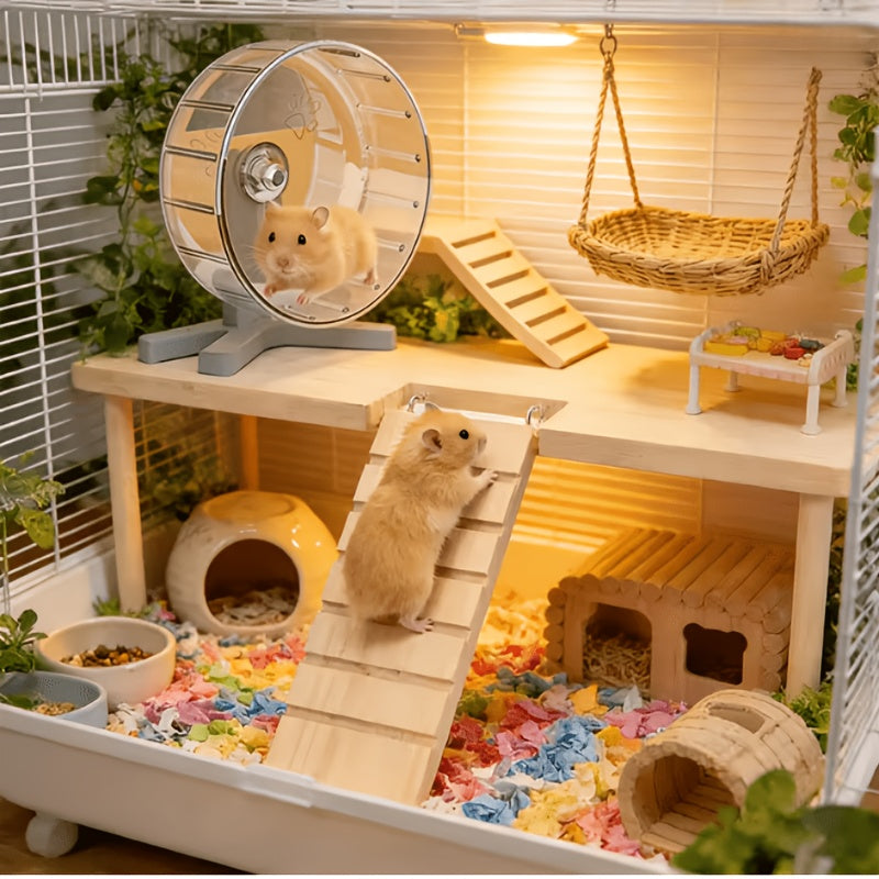 Hamster Climbing Platform with Ladder, Wooden Raised Cage Shelf and Underneath Hideaway Space for Golden Hamster Habitat Enrichment