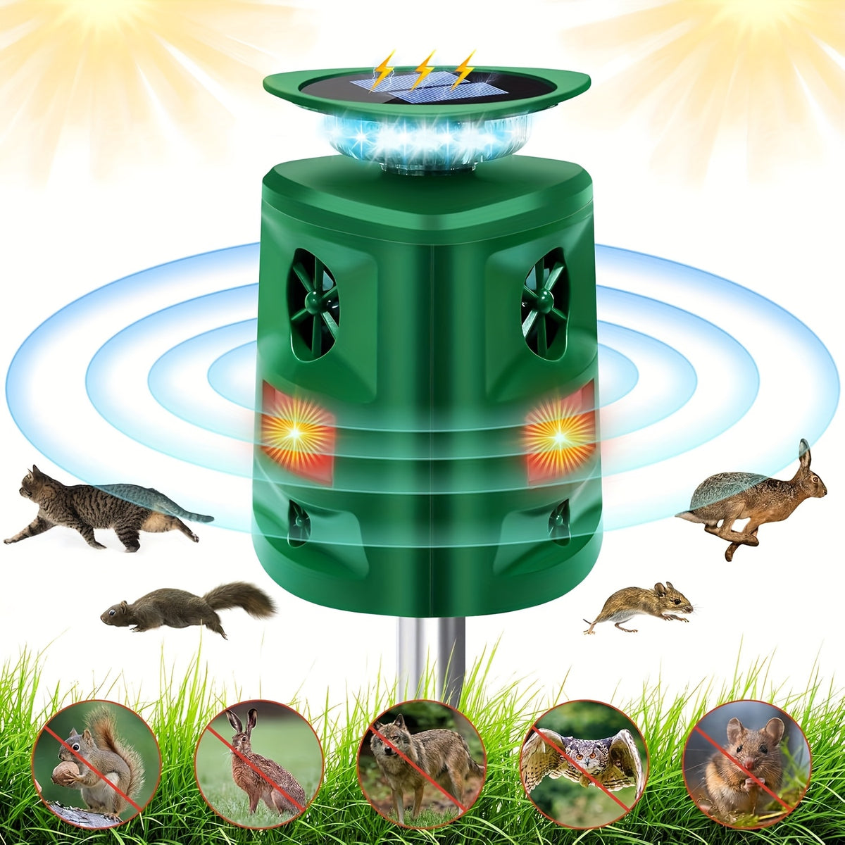 Solar-Powered Ultrasonic Outdoor Animal Sensor with 360° Motion Detection & LED Flashing Lights, Animal Activity Sensing Device for Yards, Farms, Chicken Coops, Homes, Villas & Barns, Dark Green