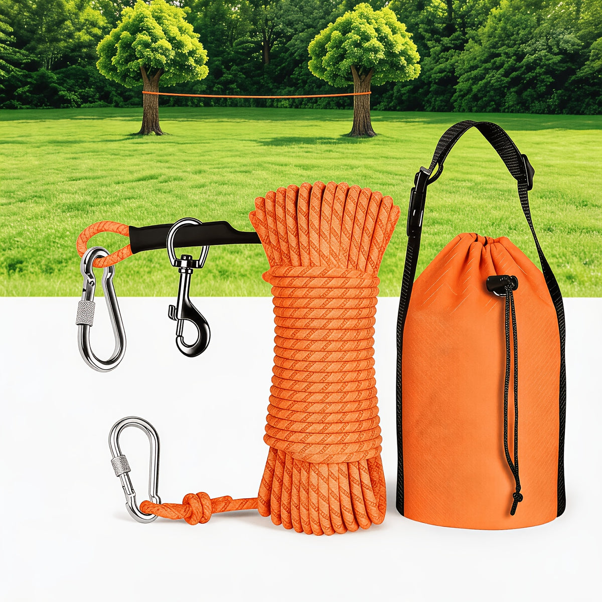 Dog Trolley System for Camping, 50/75/100ft Reflective Overhead Tie-Out Cable Run for Dogs up to 200lbs, Portable Dog Lead for Yard and Parks, Orange/Green/Blue