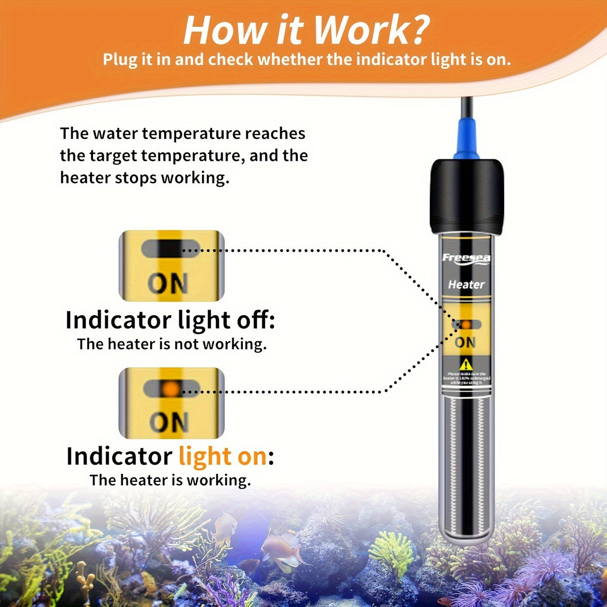 Submersible Aquarium Heater FS-386 with Adjustable Thermostat, Fish Tank Water Heating Rod in 25W, 50W, 100W or 300W for Indoor Aquatic Setups
