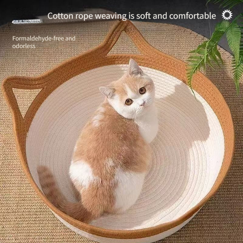 Large Cat Bed with Woven Rope Design, 19.69-Inch Diameter Breathable Summer Sleeping Bed for Indoor Cats and Everyday Lounging