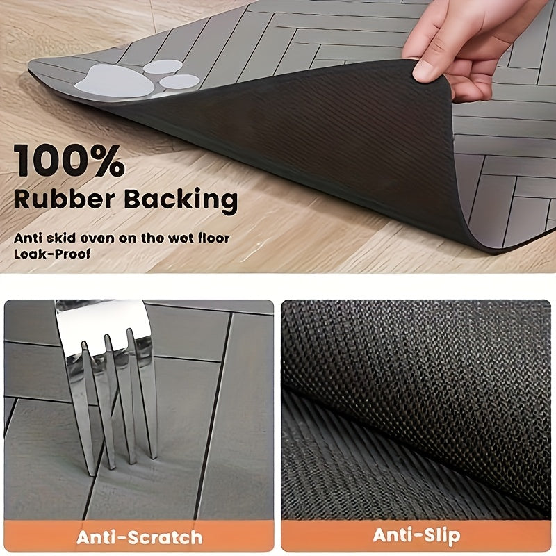 Paw Print Pet Feeding Mat, Light Gray 11.81 x 15.75 Inch Absorbent Non-Slip Bowl Pad with Herringbone Design for Dog and Cat Food and Water Stations