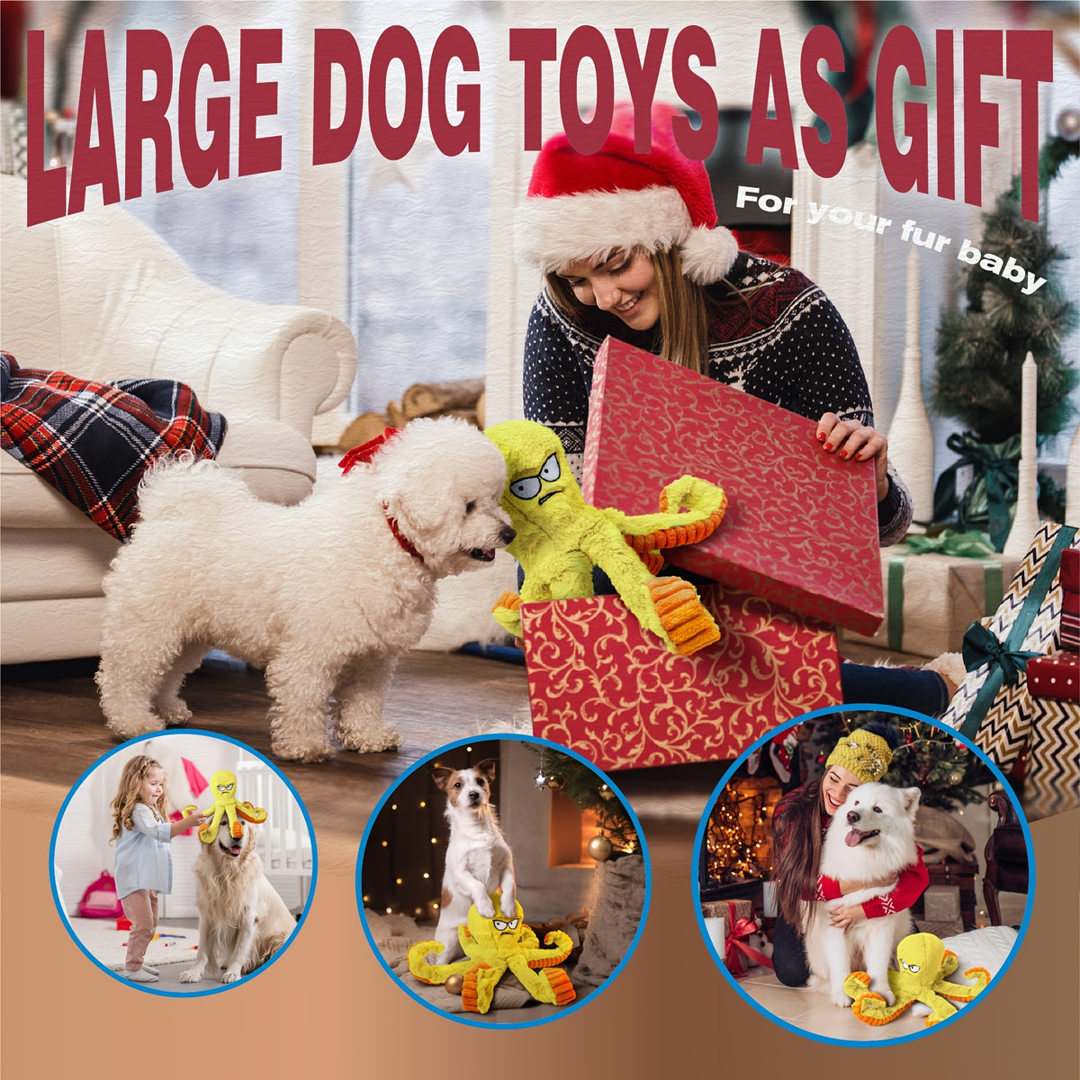 Squeaky Octopus Dog Toy with Crinkle Sounds, Stuffed Interactive Toy for Gentle Tug and Supervised Indoor Play, Single, 2-Pack or 4-Pack Options