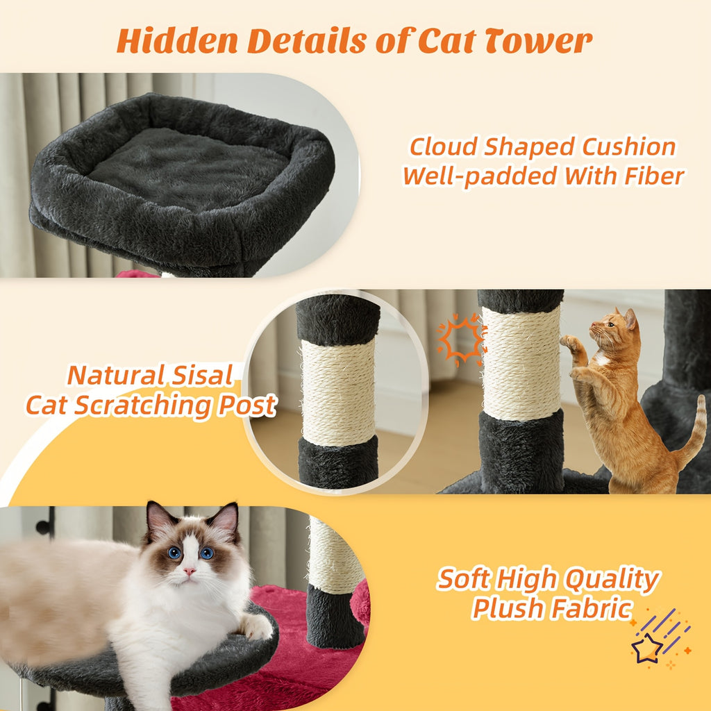 Cat Tree with Seven Color Choices, 44 Inch Indoor Cat Tower with Hammock, Condo Hideaway, Elevated Perches and Sisal Scratching Posts