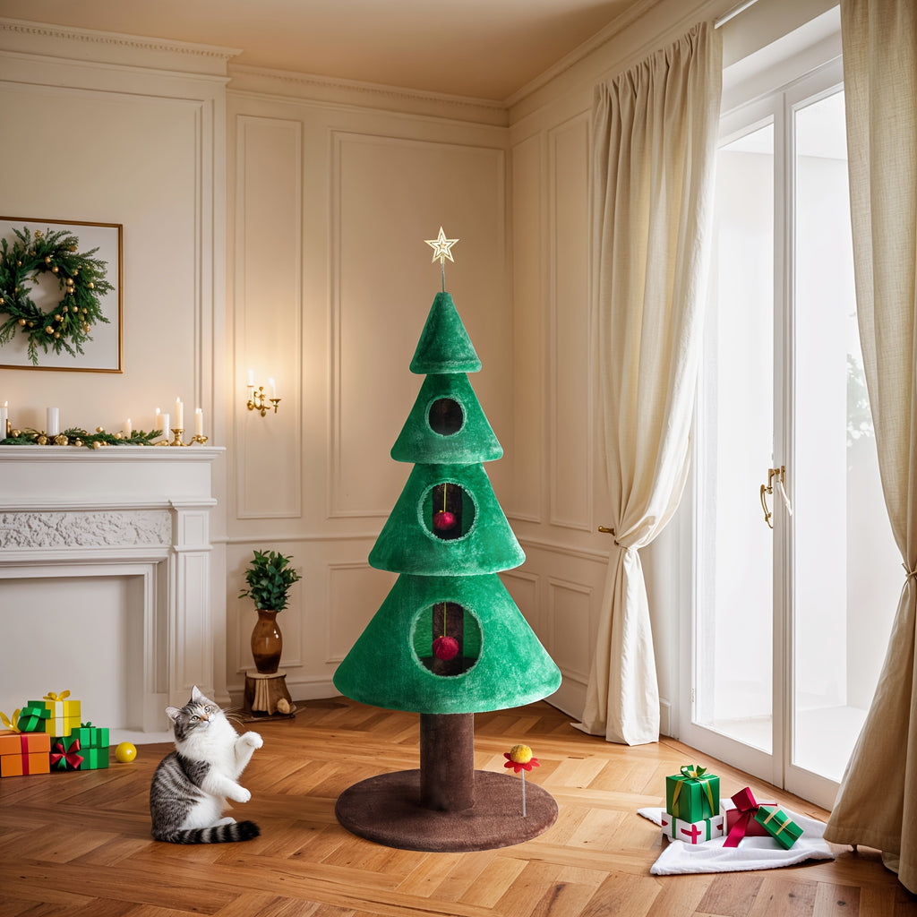 Christmas Cat Tower 63 Inch, Green and Brown Indoor Kitten Condo with Soft Ball Toys and Sturdy Base, Holiday Cat Furniture for Play and Rest