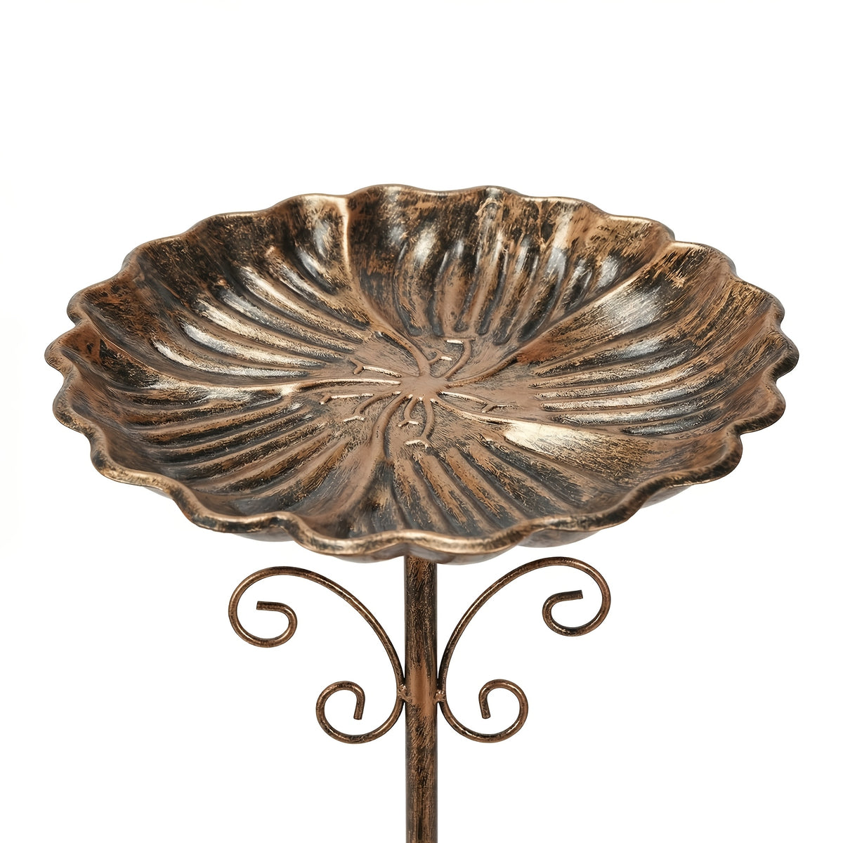 Garden Bird Bath with Ground Stake, 30.31-Inch Retro Metal Birdbath with Scalloped 10-Inch Basin, Copper or Bronze Color for Outdoor Yards