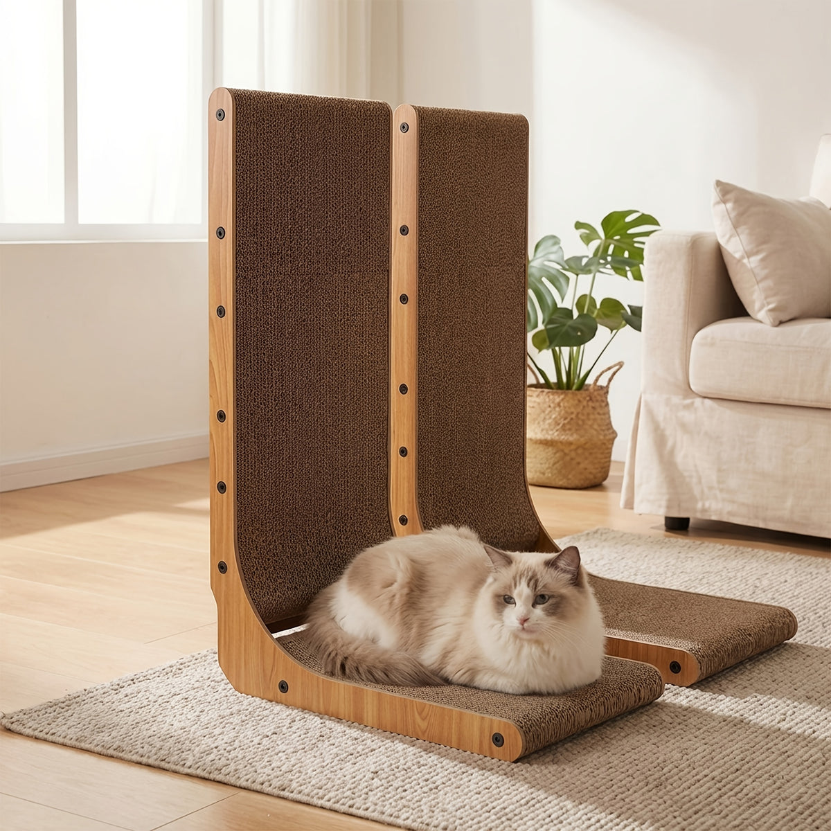 L-Shaped Cat Scratcher for Indoor Cats, Extra Large Corrugated Cardboard Scratch Pad with Ball Toy, Wall-Mounted or Horizontal Lounge