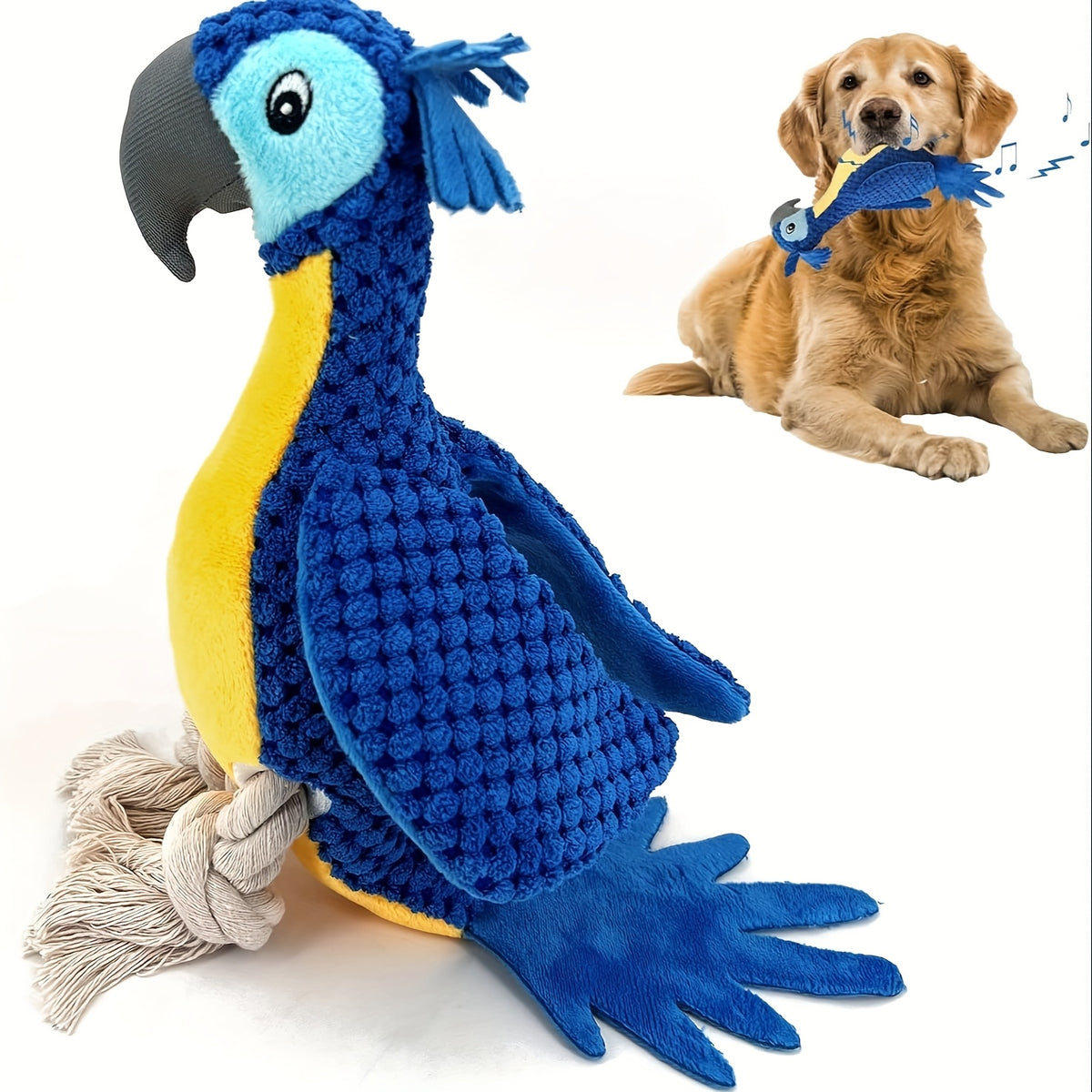 Squeaky Parrot Dog Toy with Rope, Blue Crowned Bird Plush Companion for Supervised Gentle Tug, Interactive Indoor Play and Dog Birthday Gifts