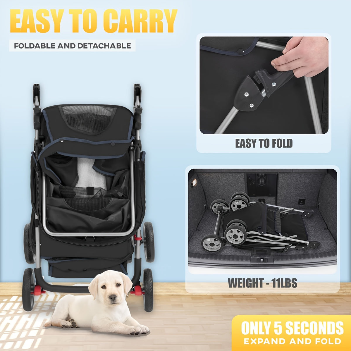 Pet Stroller with Four-Wheel Layout, Folding Frame and Mesh Canopy, Dog and Cat Pushchair with Storage Basket, Cup Holder and Removable Liner