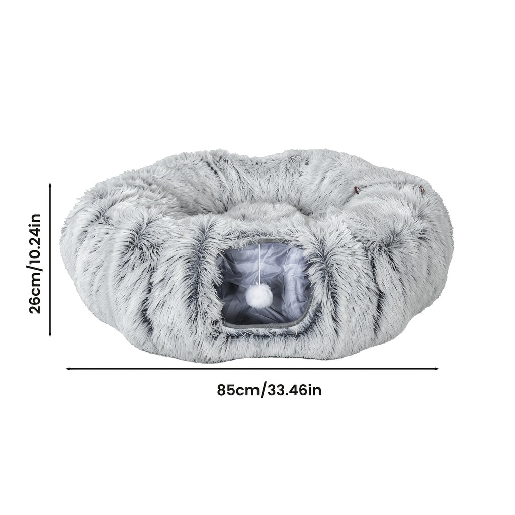 Plush Cat Tunnel Bed for Indoor Cats, 2-in-1 Foldable Donut Hideaway with Removable Washable Mat and Hanging Toy Ball, Four Color Options