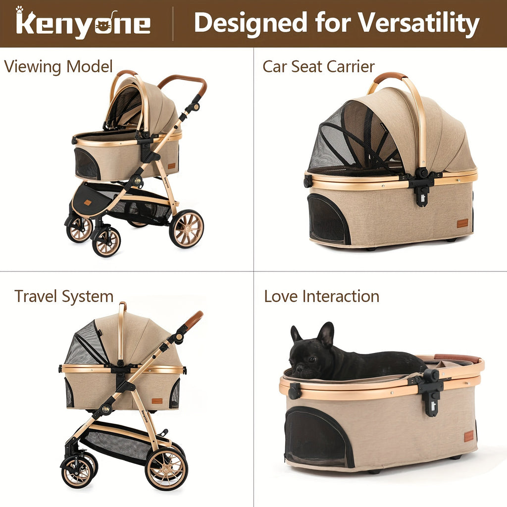 Dog Stroller with Detachable Carrier, Foldable Aluminum Pet Pushchair with No-Zip Entry, Rubber Wheels and Washable Liner for Small Dogs and Cats