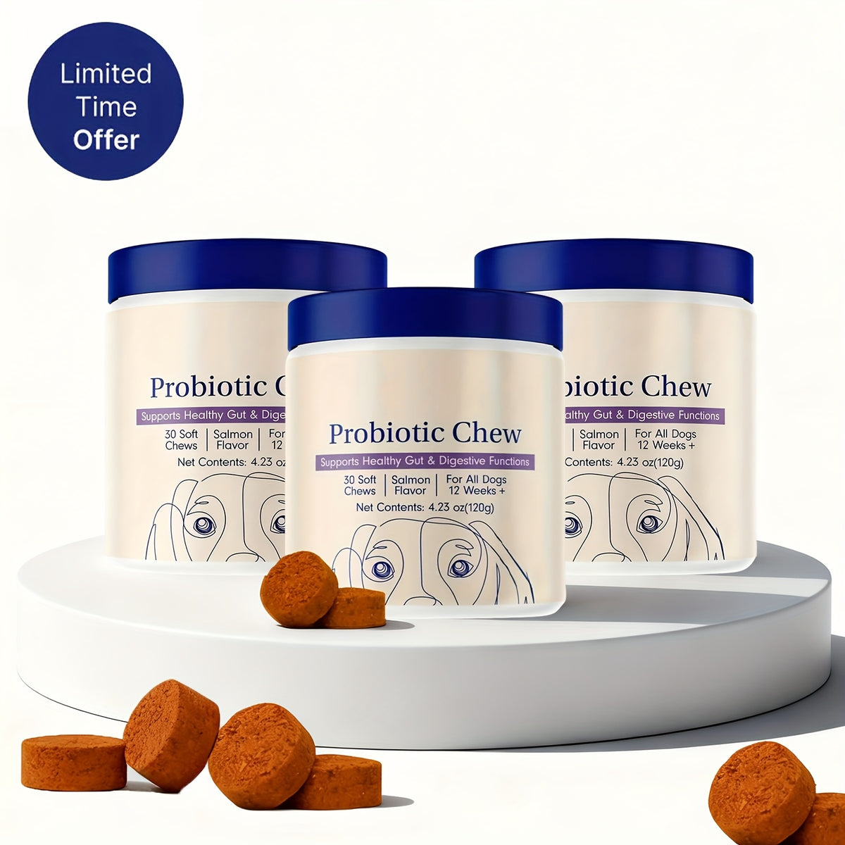 Seafood Flavor Dog Probiotic Chews 3-Pack, Soft Chewable Nutritional Supplement with Listed 90 Count and 360g for Canine Daily Care Routines