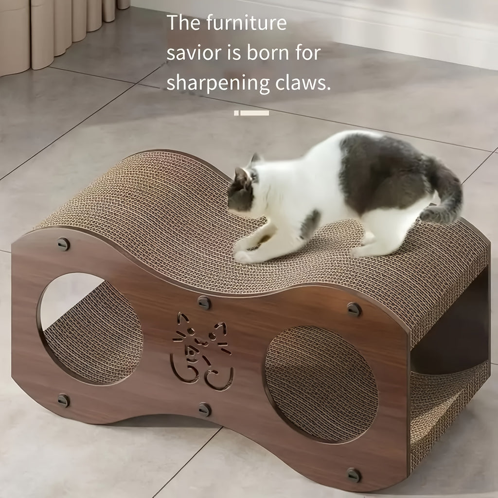 Cat Scratching Post with Integrated Bed and Woven Scratch Pad, Indoor Cat Lounging and Play Furniture with Cat Toy, Oak or Walnut Color Options