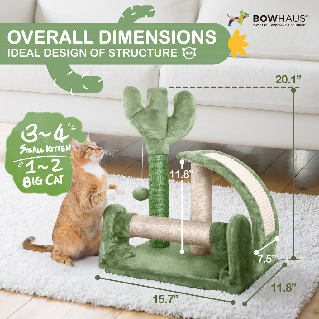 Small Cactus Cat Tree for Kittens, Green 20-Inch Indoor Cat Tower with Three Sisal Scratching Posts, Arched Pad and Interactive Ball