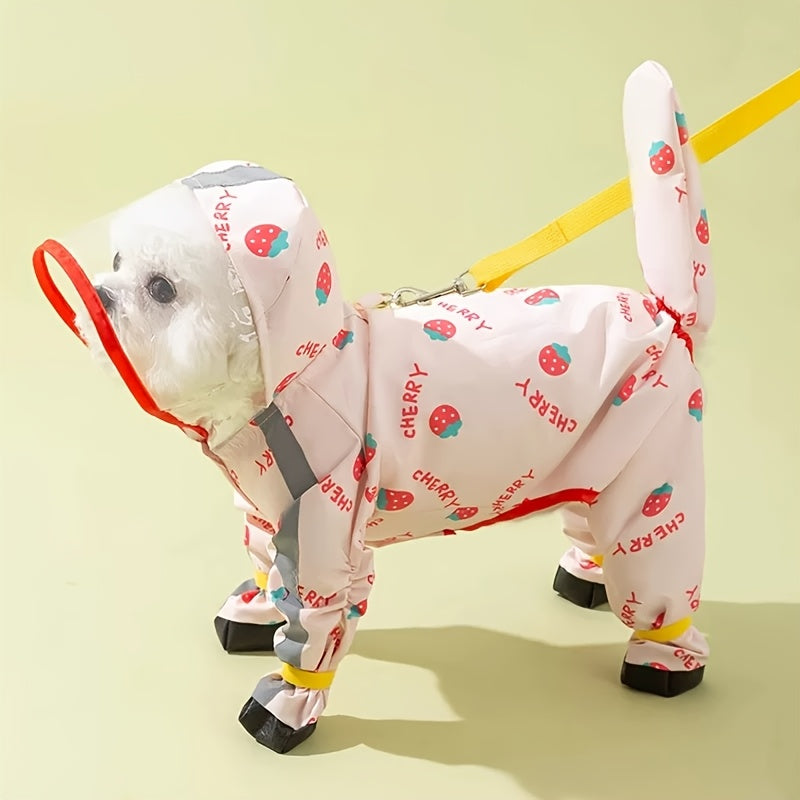 Dog Raincoat with Four-Leg Coverage, Reflective Strip, Extended Brim & Snap Closure for Rainy Walks, Pink Strawberry or Yellow Pineapple