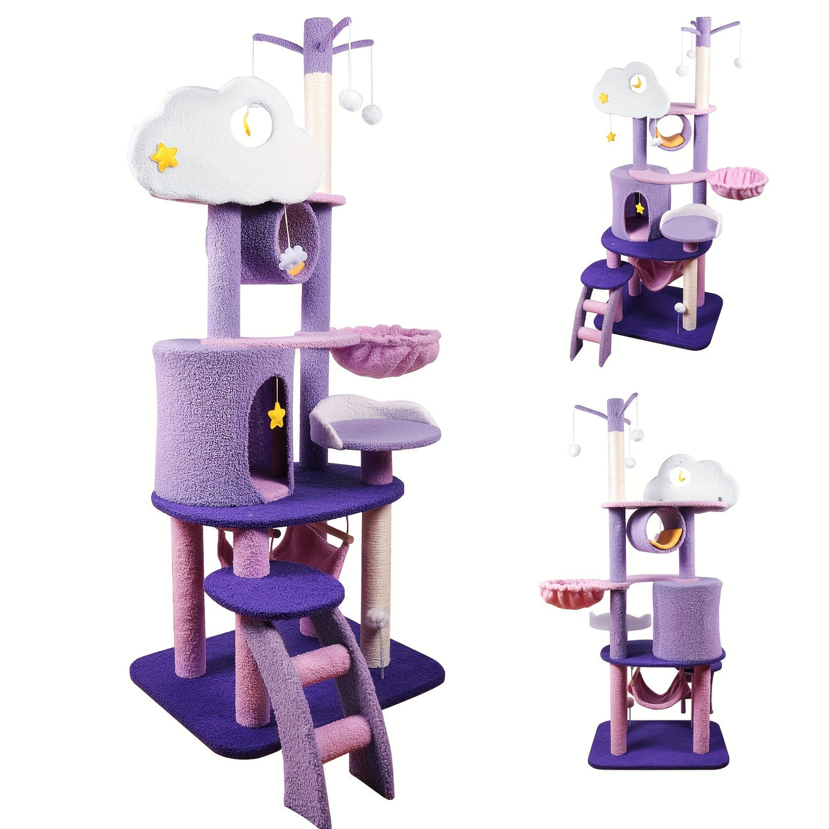 Moon and Star Cat Tree, 65 Inch Purple and Pink Indoor Cat Tower with Hammock, Condo, Sisal Scratching Post and Ladder for Climbing and Rest