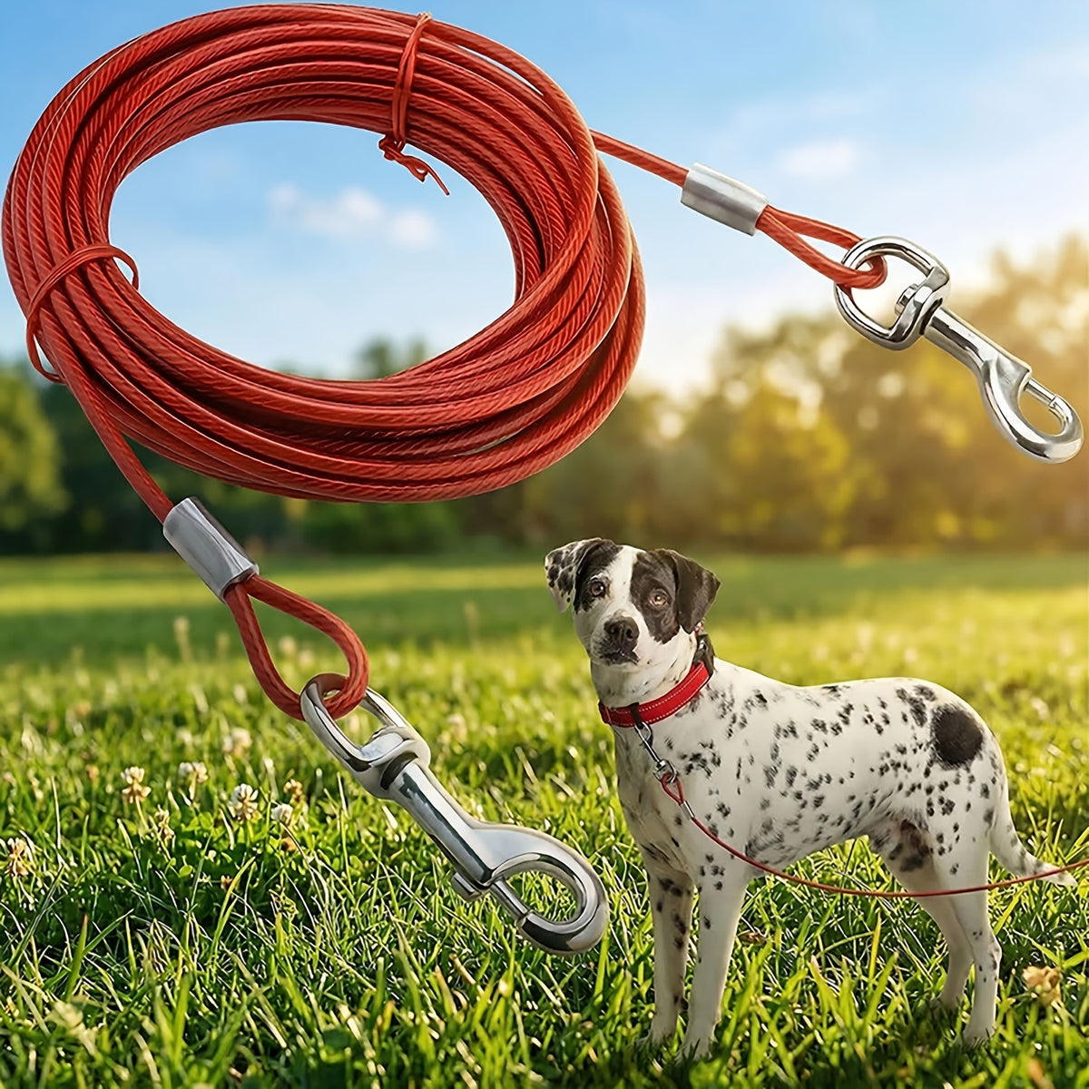 25 Foot Dog Tie Out Cable with Quick-Release Swivel Clips and 360-Degree Rotating Clasp, Transparent Outdoor Yard Lead for Supervised Dog Time