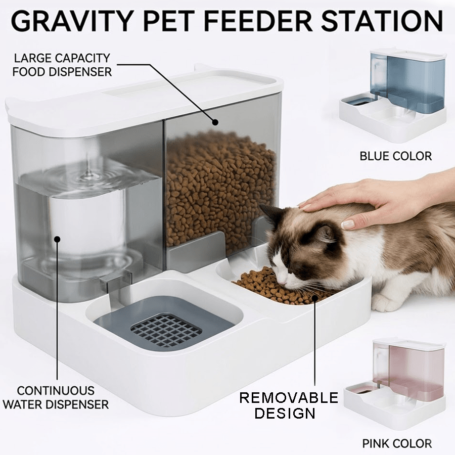 Gravity Pet Feeder and Waterer Station with Visible Food Storage, Battery-Free Double Bowl Dispenser for Cats and Dogs in Three Colors