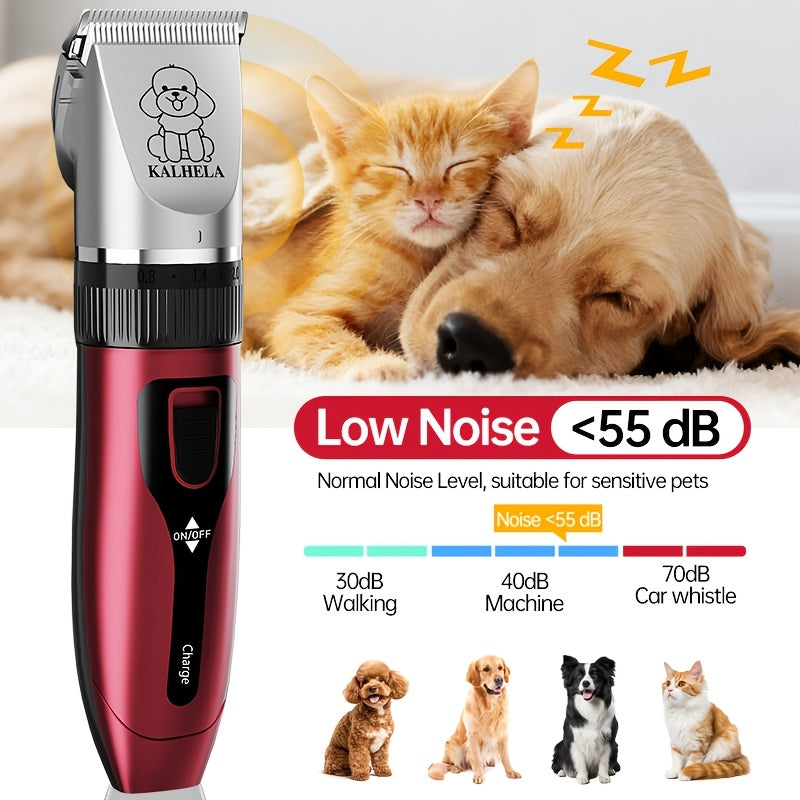 Dog Grooming Clippers with Display, Red Cordless Rechargeable Pet Hair Trimmer with Detachable Blades, Four Guide Combs and Kit Options