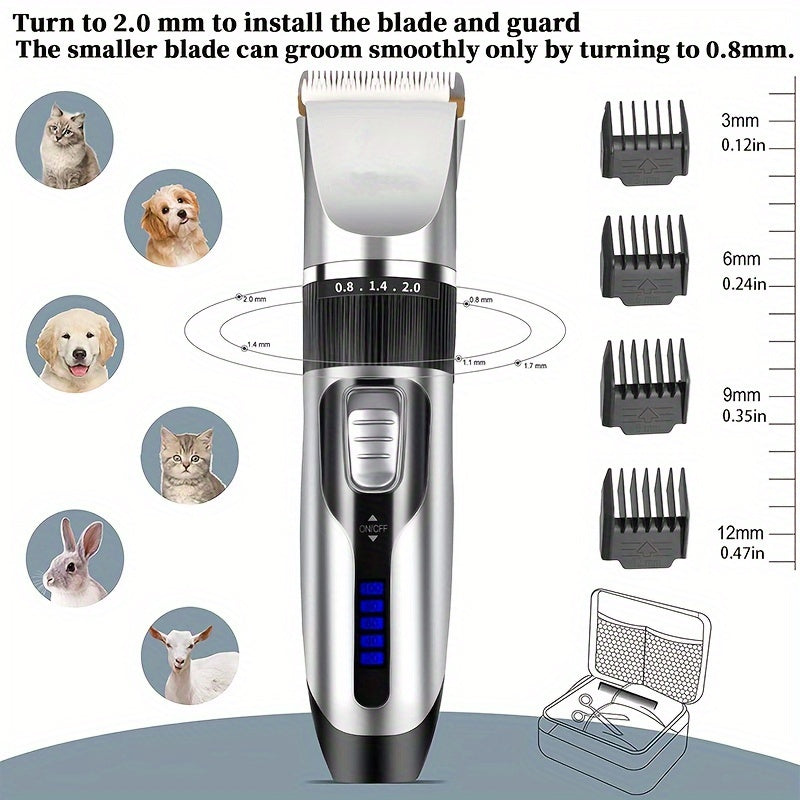 Rechargeable Dog Grooming Clippers Set in Silver, Low-Noise Electric Pet Hair Trimmer with Four Guide Combs for At-Home Dog and Cat Coat Care