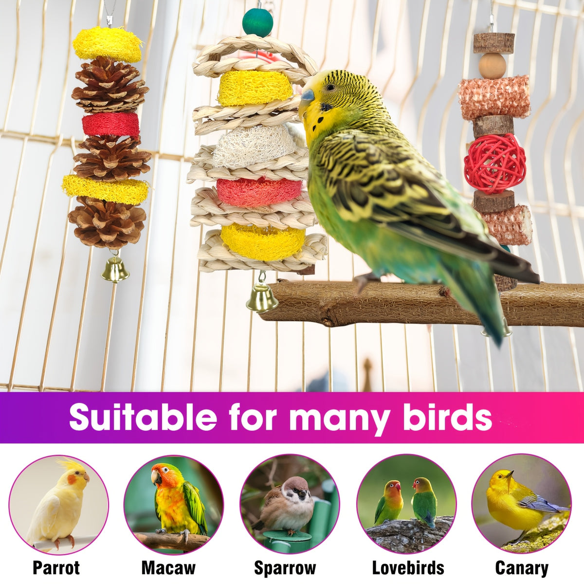 Parrot Chew Toy Set 7 Pieces with Corn Husks, Loofah, Rattan Balls and Wooden Beads, Hanging Bird Cage Toys with Swing and Perches for Daily Enrichment