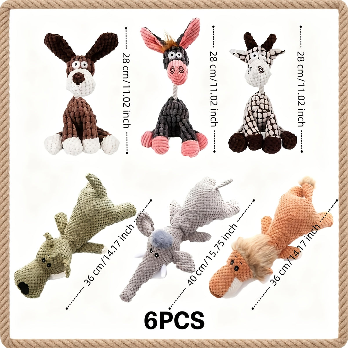 Plush Squeaky Dog Toys 6 Pack, Cute Animal Chew Toy Set with Corduroy Texture, Crocodile, Lion, Elephant, Dog, Donkey and Giraffe Shapes for Small and Medium Dogs