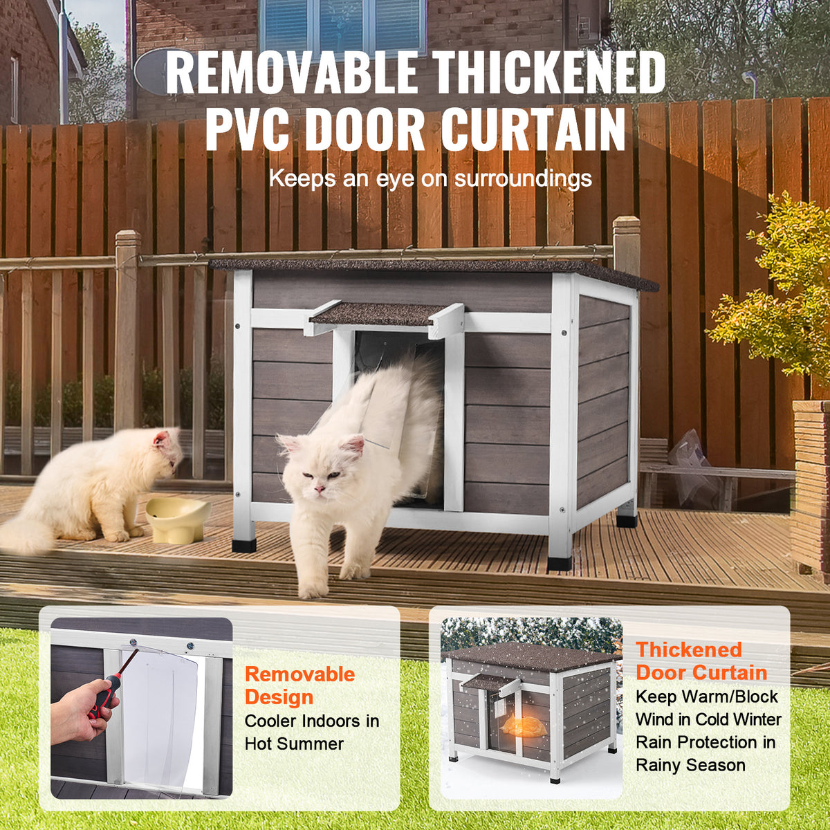 Fir Wood Outdoor Cat House with Asphalt Roof, Acrylic Window and Removable PVC Door Flaps, 20 or 24 Inch Feral Cat Shelter with Cleaning Access