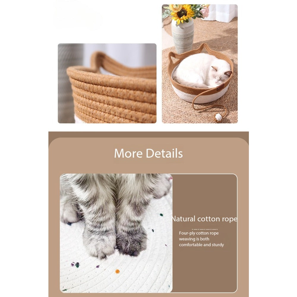 Woven Cat Bed and Scratcher Basket with Cat Ear Rim and Rope Ball Toy, Medium Indoor Lounger for Resting, Scratching and Play