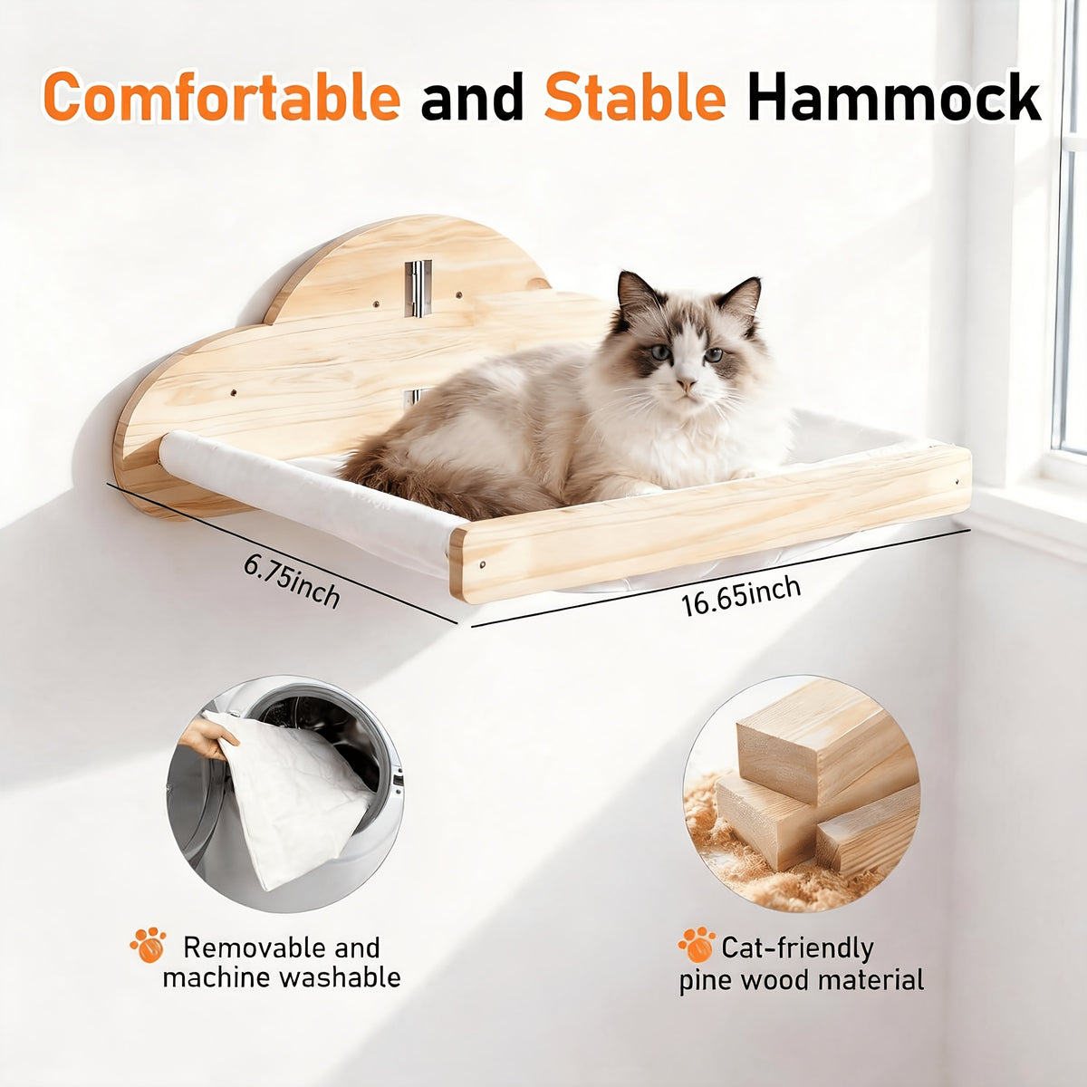 Pine Wood Cat Wall Shelves with Hammock or 4-Piece Set Options, Wall-Mounted Climbing and Resting Furniture for Indoor Cat Spaces