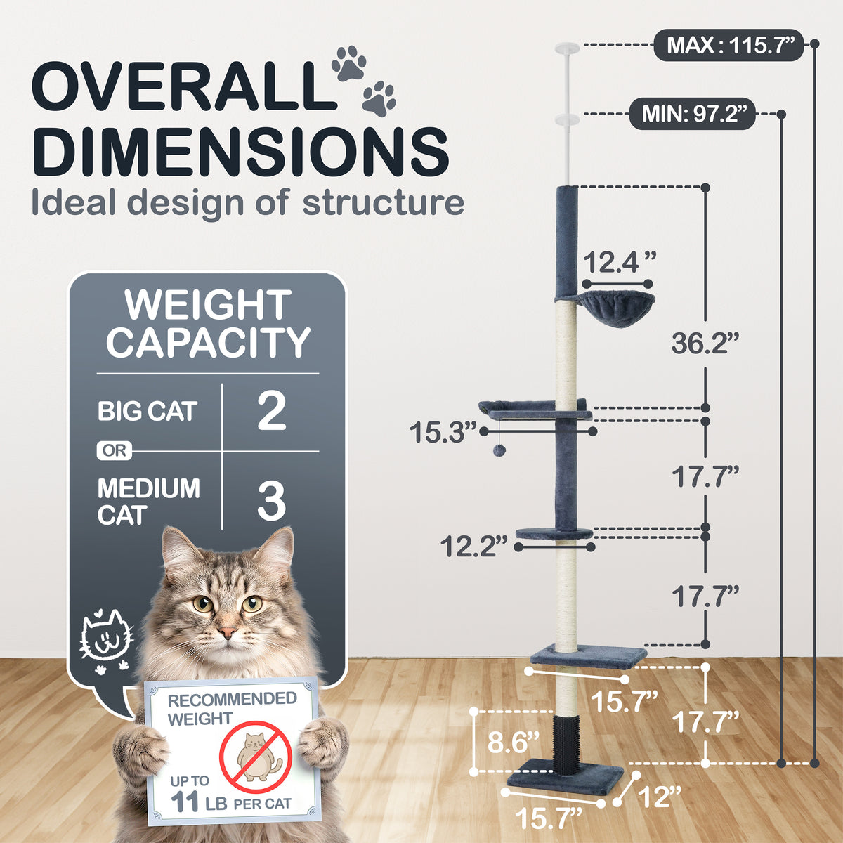 Floor to Ceiling Cat Tree with Hammock, Adjustable Cactus Cat Tower with Sisal Scratching Post, Faux-Fur Platforms and Interactive Playball for Indoor Cats
