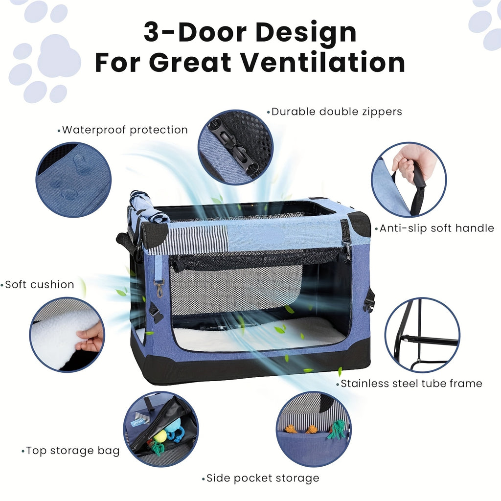 Soft Collapsible Dog Crate 26 or 30 Inch, Portable 3-Door Travel Pet Crate with Mesh Windows and Storage Bag for Indoor and Outdoor Use