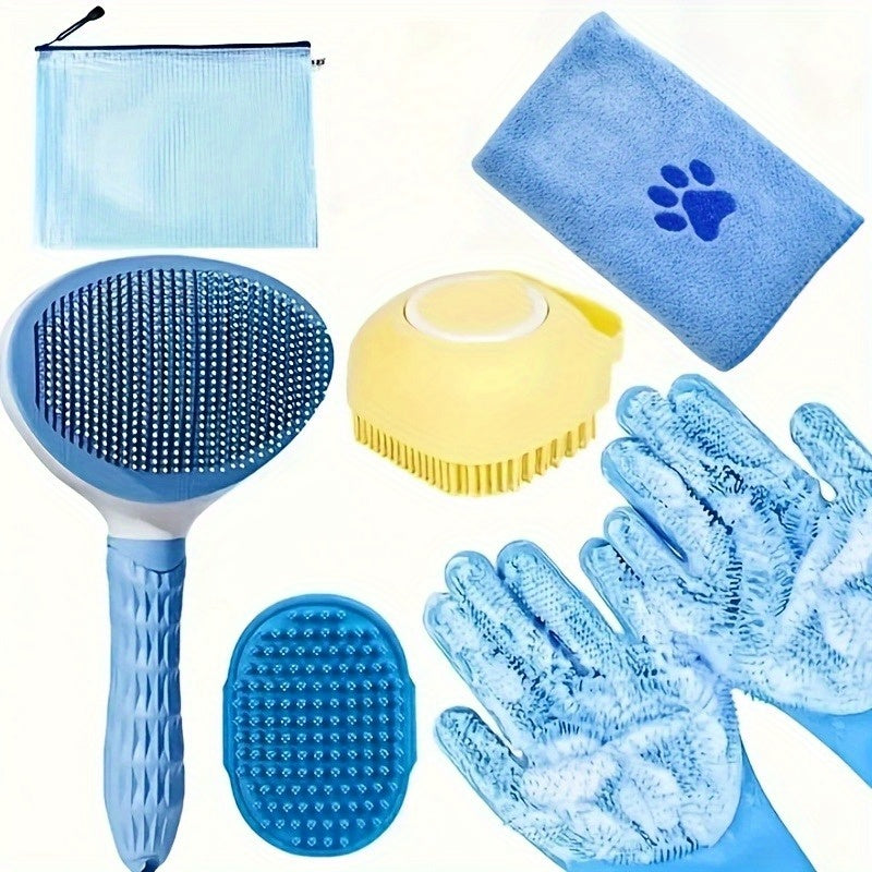 Dog Grooming Kit 6 Piece, Manual Pet Care Set with Brush, Microfiber Towel, Washing Gloves and Shedding Tool for At-Home Bath and Coat Care
