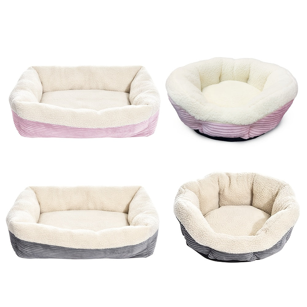 Machine Washable Pet Bed for Cats and Dogs, Thick Plush Winter Sleeping Cushion with Non-Slip Base, Pink or Gray in Round and Rectangle Options