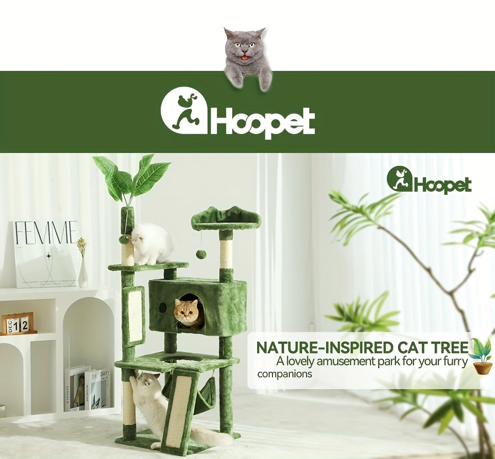 Nature Inspired Cat Tree with Plush Perch, Indoor Cat Tower with Scratching Surfaces, Condo Hideaway and Dangling Ball for Climbing, Play and Rest