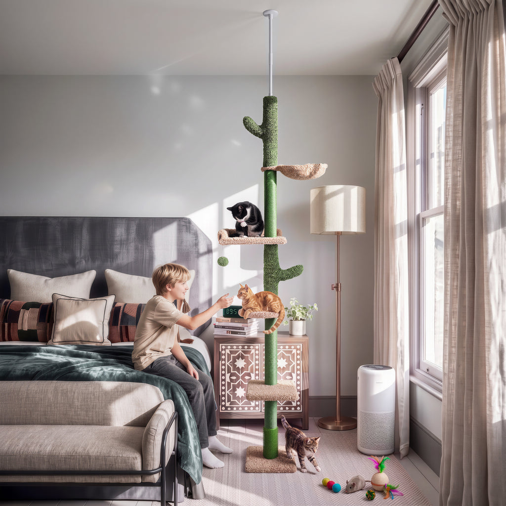 Floor to Ceiling Cat Tree with Hammock, Adjustable Cactus Cat Tower with Sisal Scratching Post, Faux-Fur Platforms and Interactive Playball for Indoor Cats