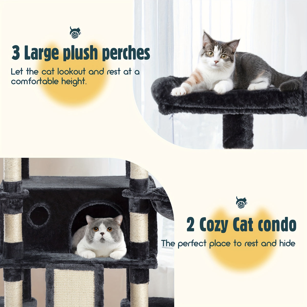 Cat Tree with Plush Baskets, 68 Inch Multi-Level Indoor Cat Tower with Condo Hideaway, Soft Perches, Sisal Scratching Posts and Wide Base