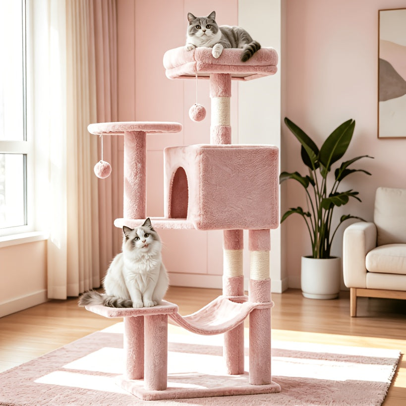 Cat Climbing Tower 44 Inch Multi-Level, Cat Activity Tree with Large Hammock, Enclosed Condo, Top Perch, Natural Sisal Scratch Posts and 2 Hanging Ball Toys for Multiple Cats