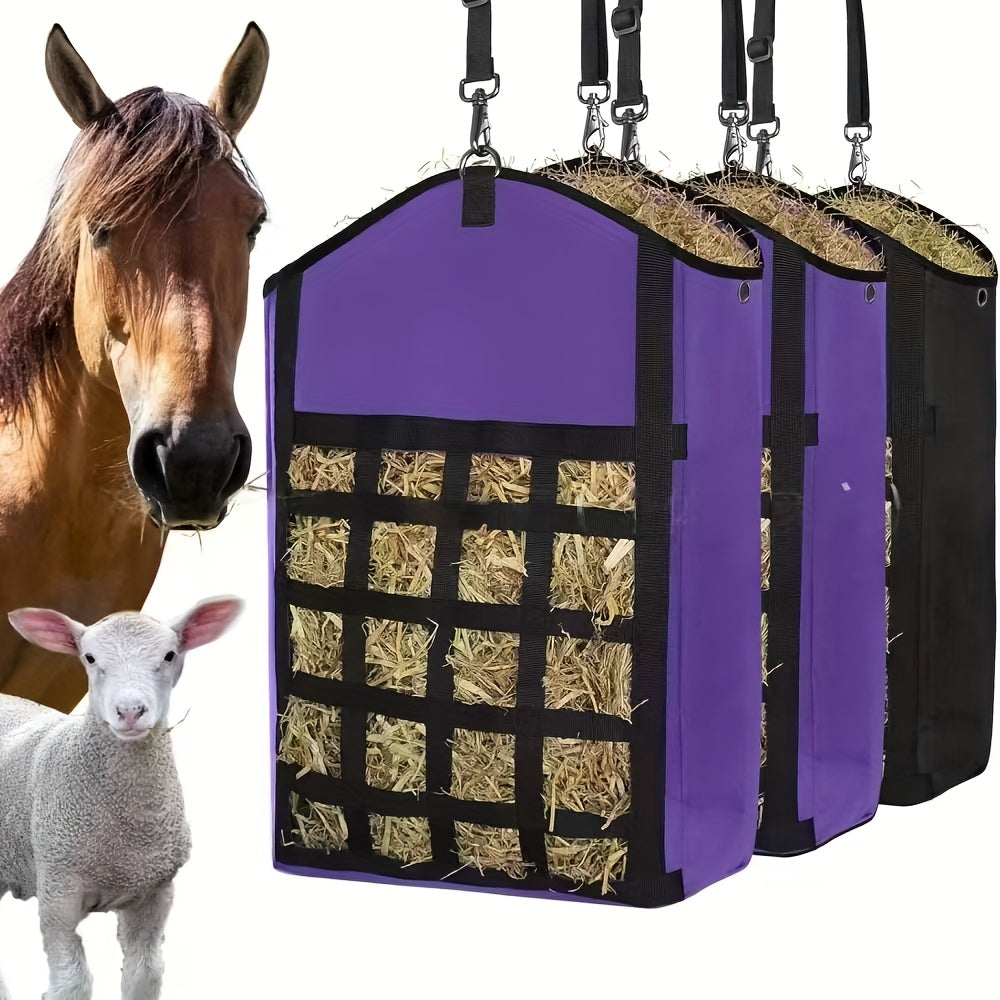 Hanging Hay Feeder Bag for Horses, Goats and Sheep, Open-Top Forage Holder with Grid Feeding Panel for Barn Stalls, Fences and Trailers