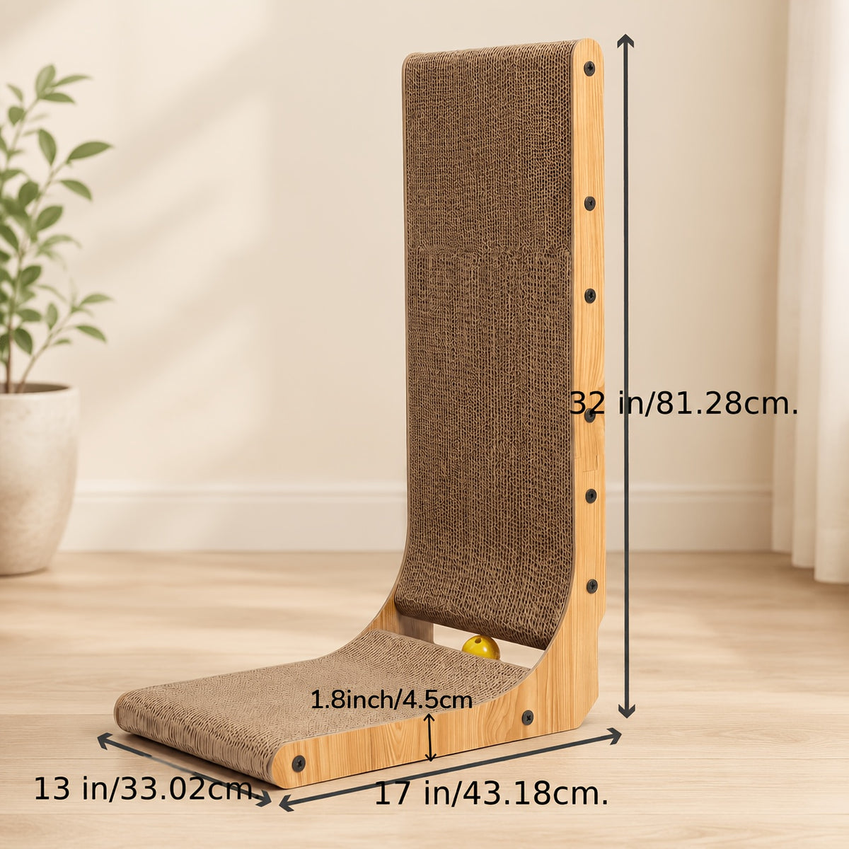 L-Shaped Cat Scratcher for Indoor Cats, Extra Large Corrugated Cardboard Scratch Pad with Ball Toy, Wall-Mounted or Horizontal Lounge