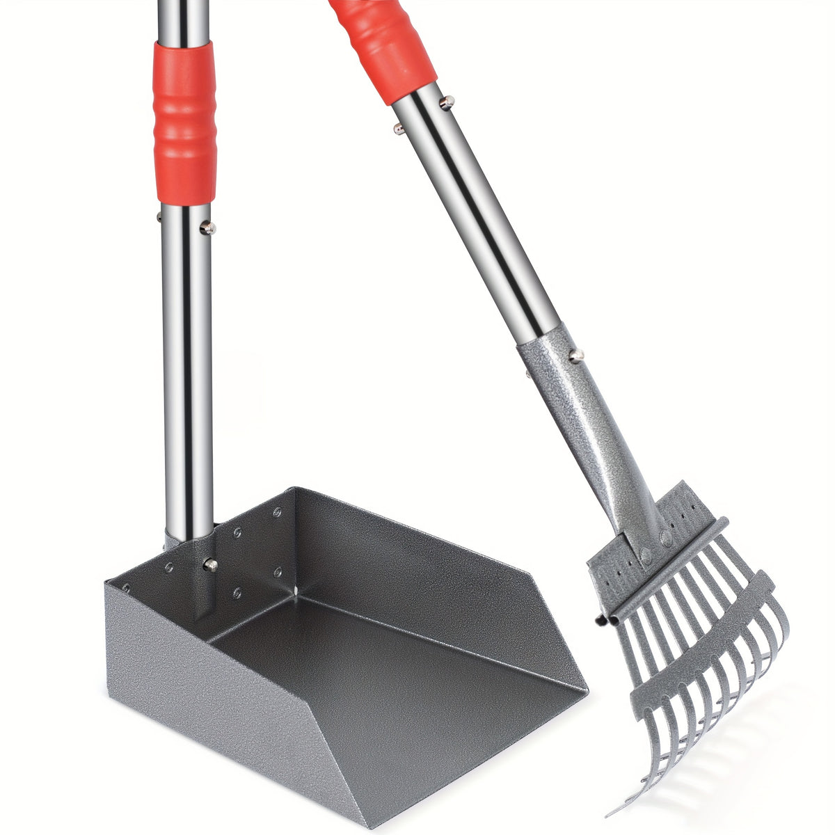 Dog Pooper Scooper Tray and Rake Set, Stainless Steel Pet Waste Removal Tools with Adjustable Handles for Everyday Yard Cleanup